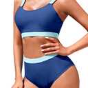 Womens High Waisted Bikini Sets Sporty Crop Top Color Block Swimwear Bandeau Scoop Neck Vintage Two Piece Bathing Suits (Blue, M)