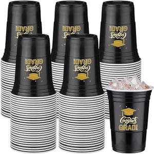 Ziliny 50 Pack Graduation Decorations 2026 16 oz Graduation Plastic Cups Congrats Grad Disposable Drinkware for Class of 2026 Grad Festivities Essential Graduate Party Favor Supplies (Black and Gold)