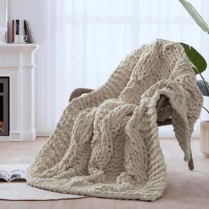 Chunky Knit Blanket Throw - 100% Hand Knitted Chunky Soft Throw Blanket for Couch, Thick and Warm for Winter, Linen, 40x50 Inches