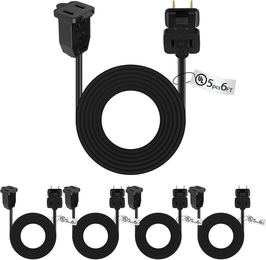 Kanayu 5 Pack 6 ft Black Indoor Extension Cord 2 Prong Electric Cord Extender, Wire Plug in and End, Ac 120 Volts for Outdoor Christmas Connect or Extend String Lights