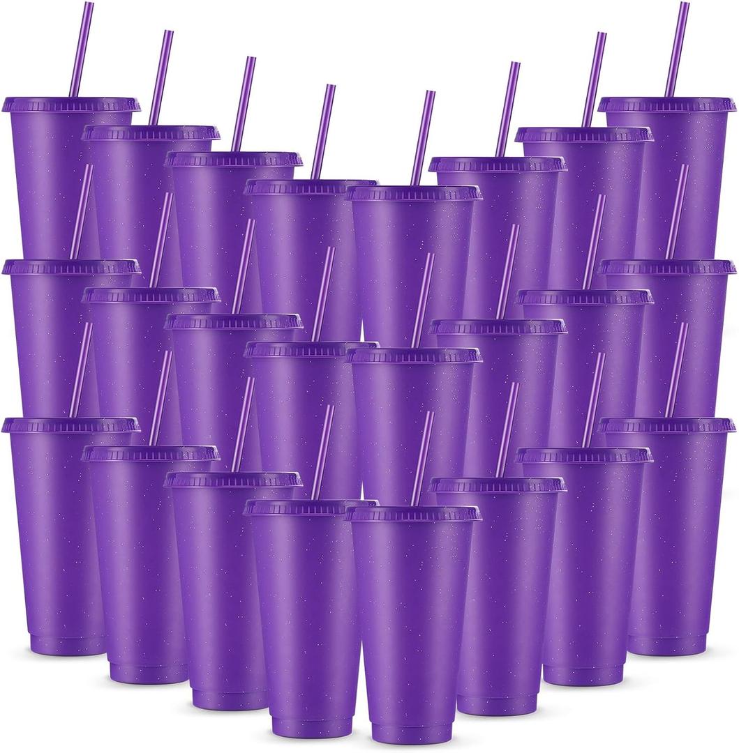 Amyhill 24 Pcs Reusable Cups with Lids and Straws 24 oz Glitter Iced Coffee Tumbler Plastic Travel Mug Cup for Smoothie Juices Birthday Sleepover Party Supplies for Girls(Purple)