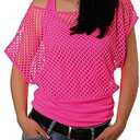 Smile Fish Women Casual Sexy 80s Costumes Fishnet Neon Off Shoulder T-Shirt (Hot Pink US 10/Tag Size L)