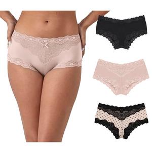 Maidenform Cheeky, Lace Hipster Panties, Sexy Underwear for Women, 3-Pack, Black/Sandshell Dot Print/Sandshell, Medium