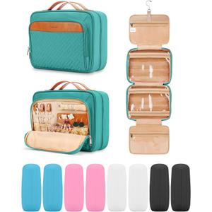 Travel Hanging Toiletry Bag for Women and Men, with 8 Leak Proofing Silicone Bottle Covers, Waterproof Makeup Accessories, Cosmetic Essentials, Toiletries Dopp Kit Set with Jewelry Organizer, Blue