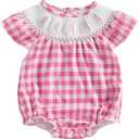Pack of 2 Gueuusu Newborn Baby Girl Easter Outfit Bunny Embroidery Smocked Bubble Romper Short Sleeve One Piece Bodysuit Infant Clothes