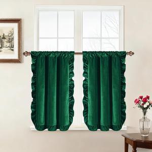 Likiyol Green Velvet Kitchen Curtains 36 Inch Length with Ruffle and Tieback, Christmas Kitchen Window Curtains Over Sink, Rod Pocket Tier Curtain for Cafe Bathroom Bedroom, 26" W x 36" L, 2 Panels