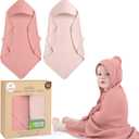 Organic Cotton Muslin Baby Hooded Towels - 32x32 Inch, 2 Pack Newborn Bath Towels for Boys & Girls, Soft & Absorbent Bath Set (Rose/Peach)