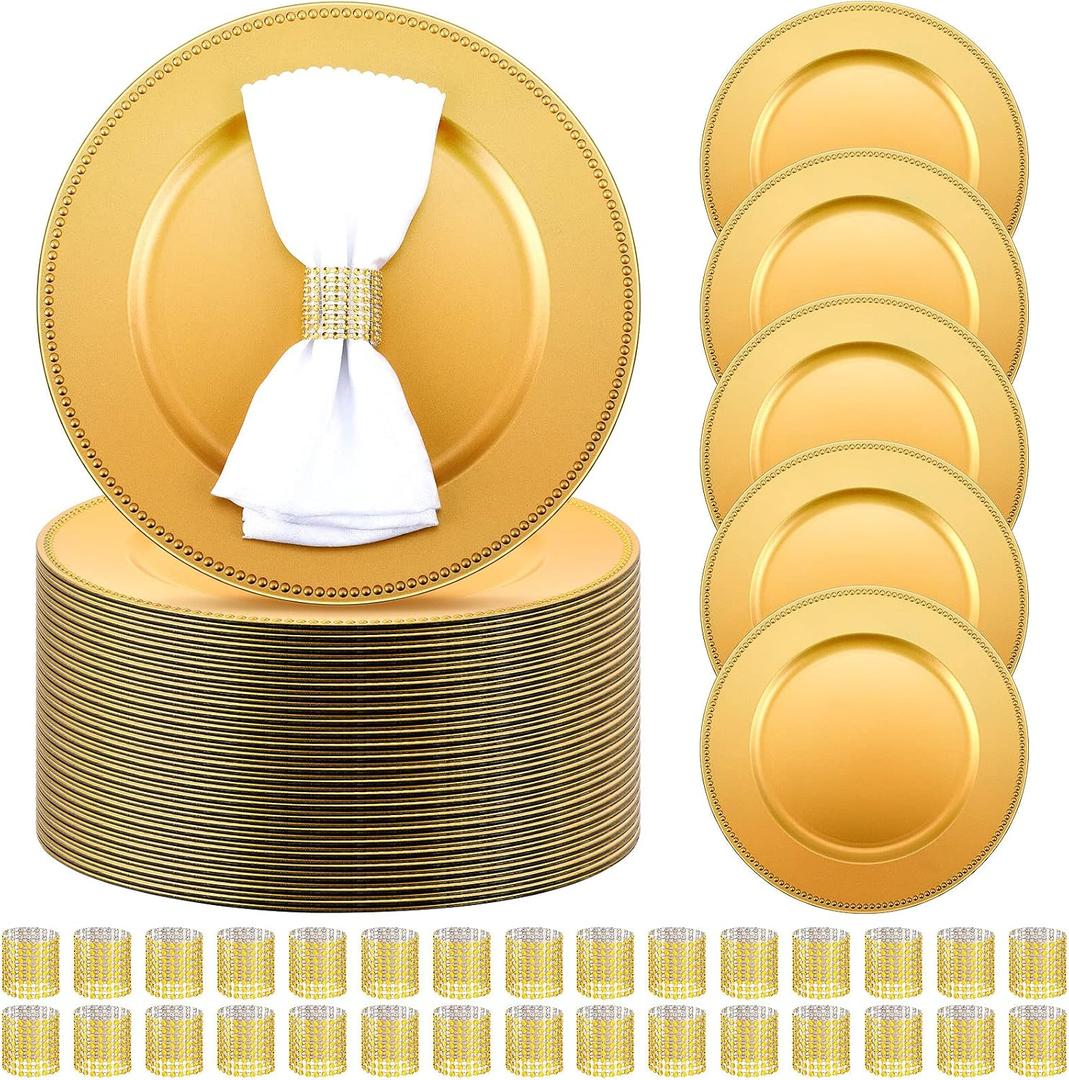 200 Pieces Charger Plates Bulk with Napkin Rings,Beaded Style,Gold | Plastic Plate Chargers, Napkin Rings,13'' Round Dinner Plate Set ,for Wedding Baby Shower Party