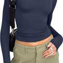 Trendy Queen Womens Long Sleeve Shirts Basic Tees Crop Tops Going Out Spring 2025 Workout Outfits Y2k Clothes (Small, Navy)