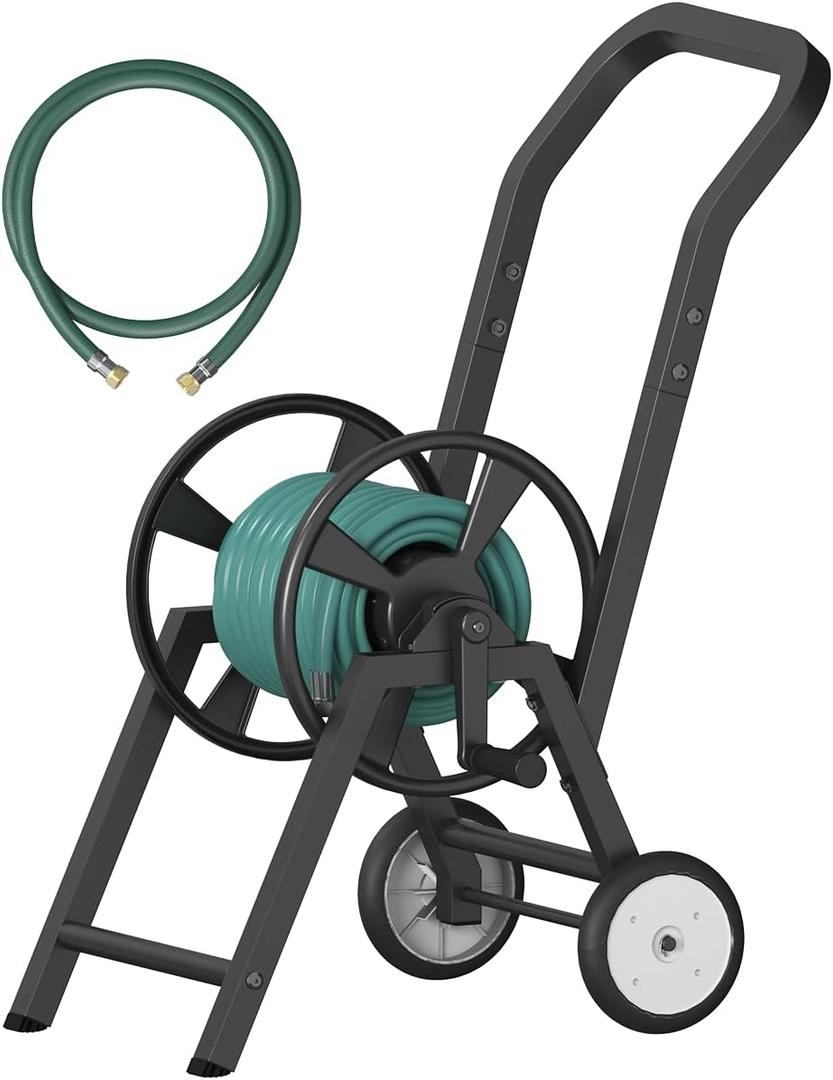 Artigarden Garden Hose Reel Cart with Wheels, Holds 165 ft of 5/8 Hose Outdoor Heavy Duty Powder-coated Steel Water Storage Holder Rack with 3.9 Ft Leader Hose for Outside Lawn Yard, Black