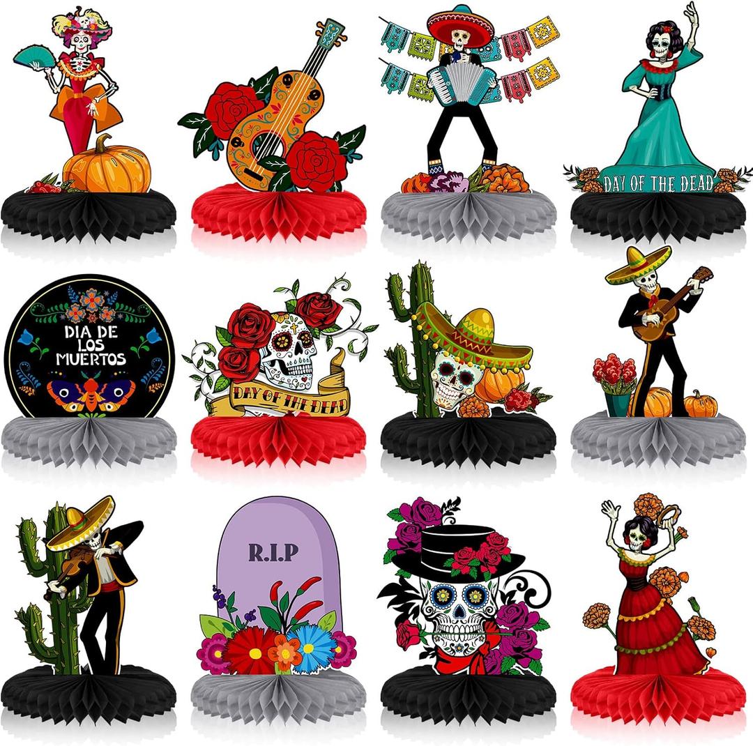 12 Pieces Day of The Dead Honeycomb Centerpieces Mexican Christmas Ornament Dia De Los Muertos Table Decoration Skull Table Toppers Cutouts for Christmas Birthday Party Day of The Dead Party Supplies