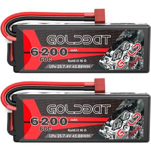 GOLDBAT 6200mAh 2S 60C 7.4V RC LiPo Battery Pack Hard Case with T Connector for RC Vehicles Car Truck Truggy (2 Pack)
