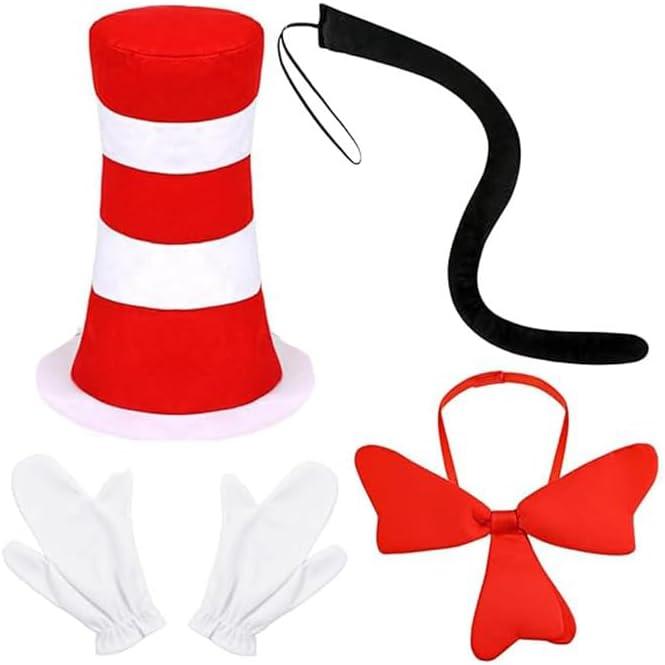 4PCS Stovepipe Hat Costume Accessories Set Cat Hat Red and White Striped Hat Red Bow Tie White Gloves Black Tails for Adults World Book Day Halloween Cosplay and Dress Up