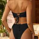 ZAFUL Women Strapless Textured Bandeau Bikini 2 Piece Swimwear Cheeky Solid Lace up Bathing Suits (Black, S)