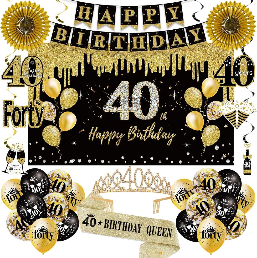 40th Birthday Decorations for Women, 33pcs 40th Crown and Sash, Black Gold Happy 40th Birthday Banner Balloons Backdrop Hanging Swirls Paper Fans, 40 Years Old Bady Decorations Kit
