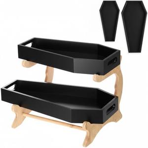 Leinuosen 2 Pack Wood Coffin Tray 13'' & 11'' Coffin Shaped Serving Tray Box with Bamboo Stand Versatile Countertop Organizer for Goth Aesthetic, Kitchen, Bathroom Decor (Black,Classic Style)