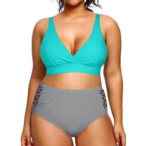 Yonique Womens Plus Size Bikini High Waisted Swimsuits Two Piece Bathing Suits Tummy Control Swimwear (22 Plus, Green and Stripes)