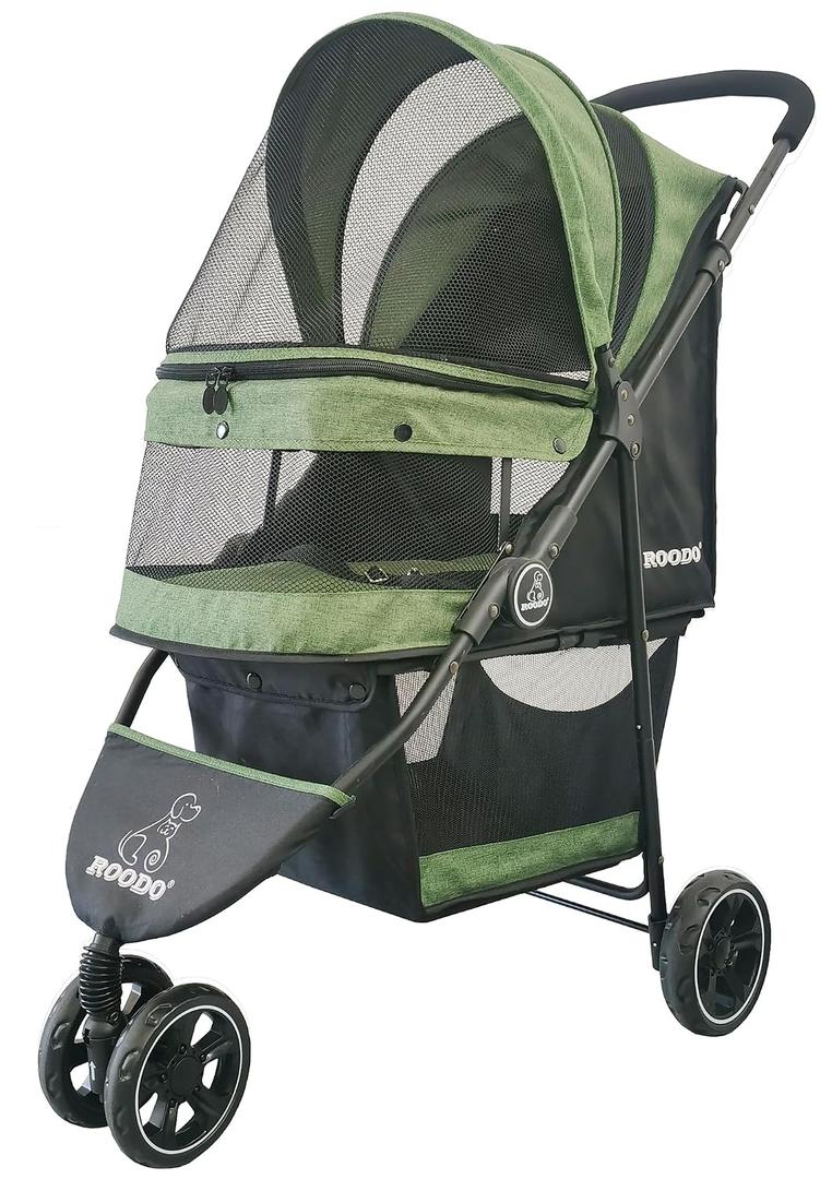 ROODO 3 Wheel Pet Stroller Best Lightweight Foldable Compact Portable Jogger All Terrain Travel Pet Gear Puppy Kitty Stroller for up to 30lbs Medium Small Dogs and Cats(Green)