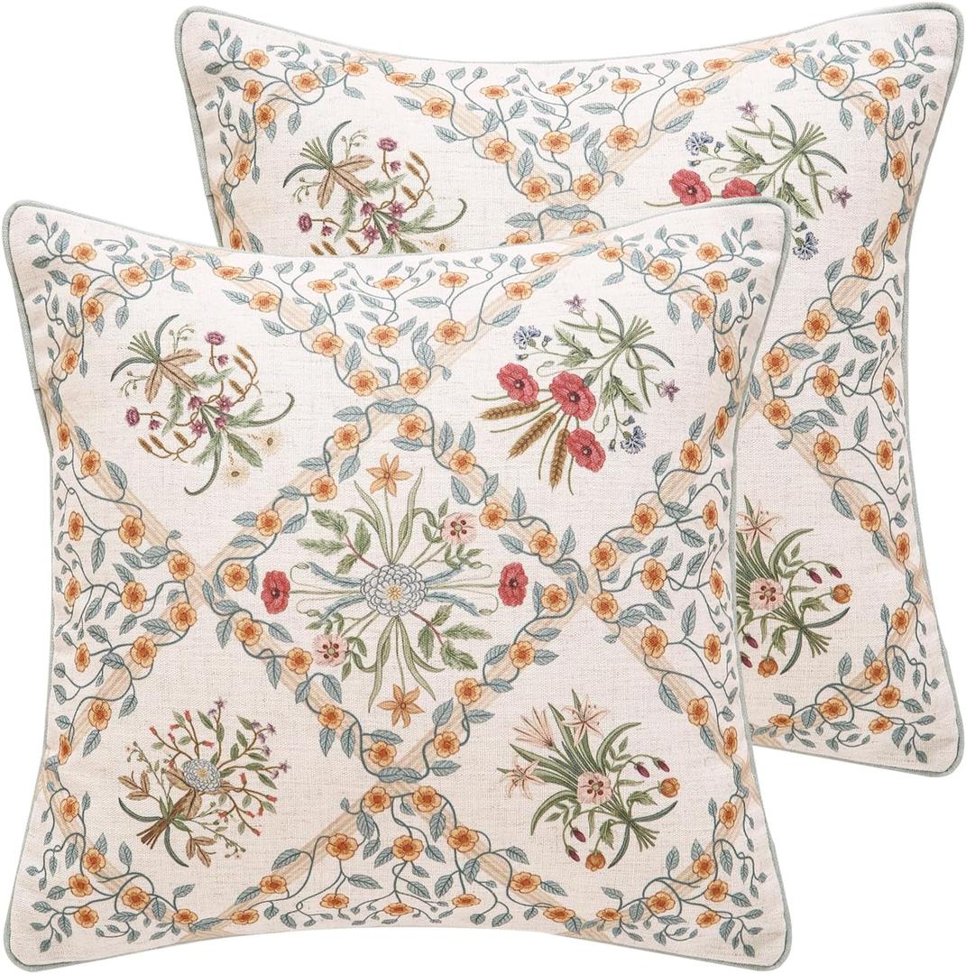 ISAENNE Design Linen Throw Pillow Covers 18"x18" Pack of 2, Square Farmhouse Cushion Covers with Red Pink Yellow Watercolor Wildflower Pattern Decor Pillowcases for Bed,Living Room,Outdoor,Car