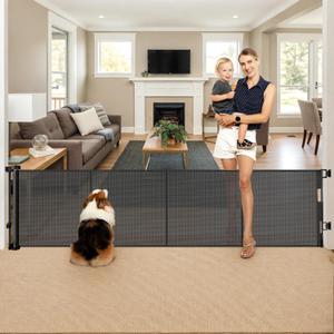 Reinforced 28" Tall x 100" Wide Retractable Baby Gates Extra Wide Dog Gate - Easy Step Over, Long Baby Gate Retractable Dog Gate Indoor Safety Gates Outdoor Gates for Decks with Support Rods, Black