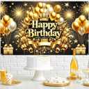 Happy Birthday Backdrop Banner 71x43 Inch Black and Gold Banner Crown Balloons Stars Photography Background Men Women Birthday Party Decoration for Indoor Outdoor Events Photo Booth Props