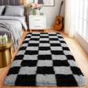 Pionblank Checkered Rug for Bedroom 2x6, Modern Fluffy Runner Rugs for Living Room, Super Soft Shaggy Bedside Carpet for Kids Room Nursery Teens Dorm Decor, Black and Grey