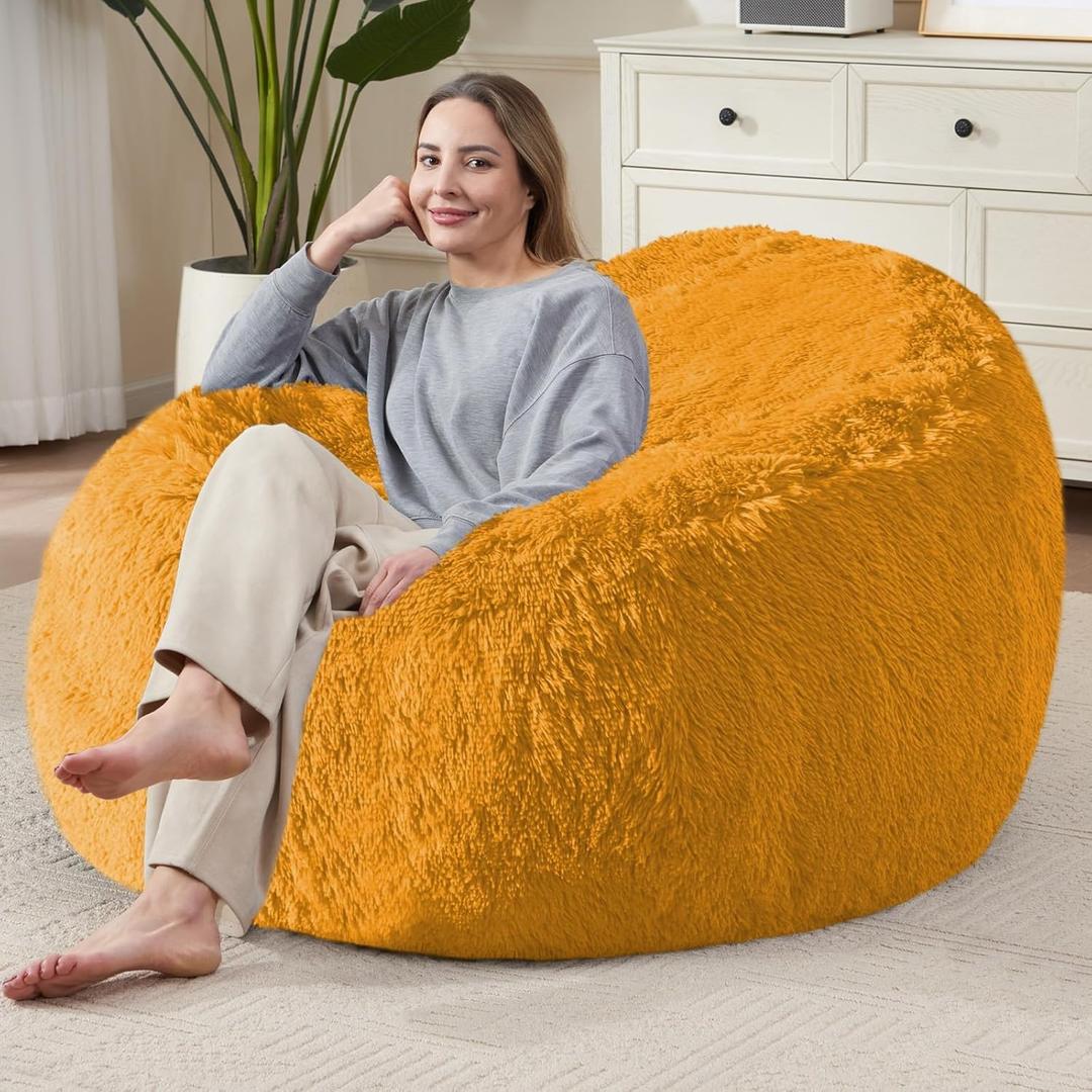 Bean Bag Cover (No Filler), Soft Faux Fur Stuffed Animal Bean Bag Storage, Fluffy Plush Bean Bag Chair Cover Washable, Comfy Bean Bag Covers for Adults Kids Teens, 38"x40" Harvest Yellow