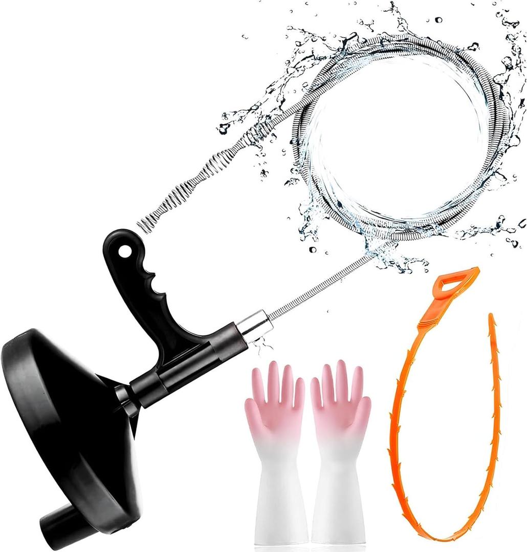 FLSEPAMB Drain Auger 25 Ft Plumbing Snake Snake Drain Clog Remove Tool Professional Sink Snake for Bathtub Drain, Kitchen Sink, Comes with Gloves and 25 Inch Snake Hair Clog Remover (Black)