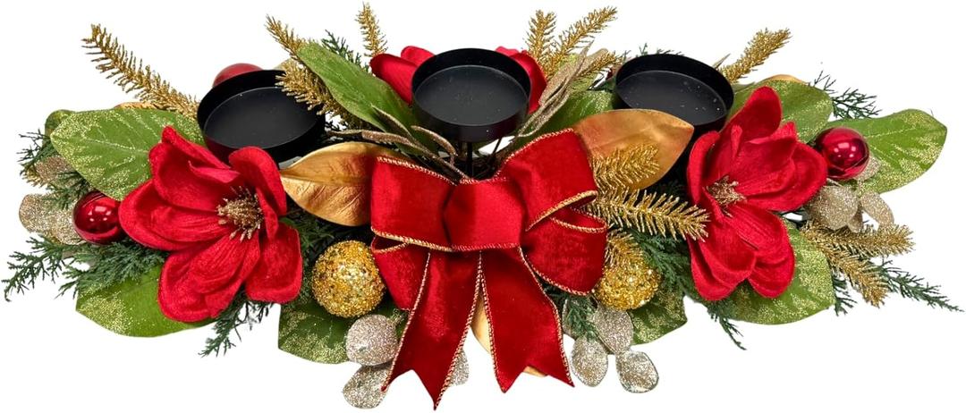 Christmas Candle Holder Xmas Decorations 3 Candle Holders with Magnolia Flowers Glitter Ball Ornaments Pine Needles Red Bow for Table Centerpiece Holiday Decor Xmas Decorations