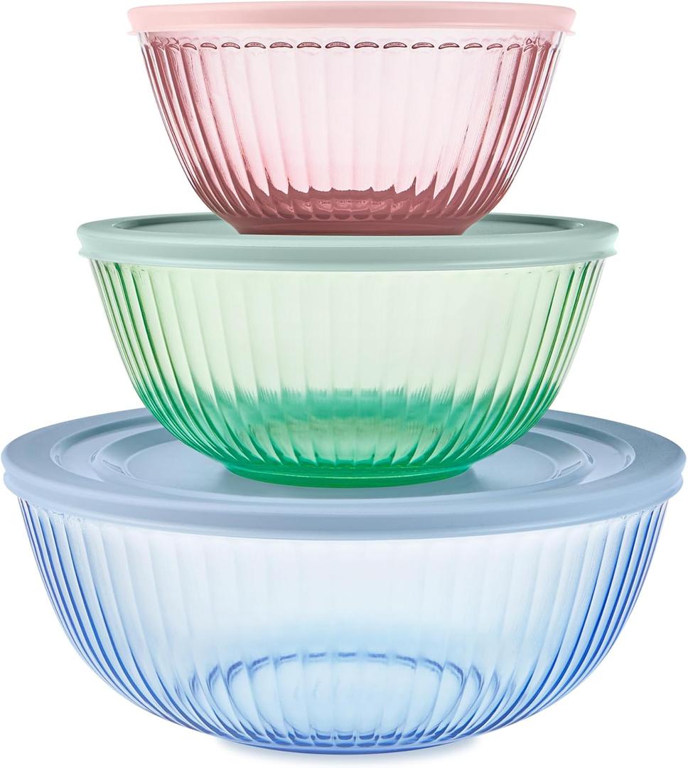 Pyrex Colors (3-Pack, Full Set) Sculpted Tinted Glass Mixing Bowls With Plastic Lids, Nesting Space Saving Set of Bowls For Prepping and Baking, 1.3QT, 2.3QT & 4.5Q, (Pink, Green, Blue), 3 Pack, Small/Medium/Large, With Lids