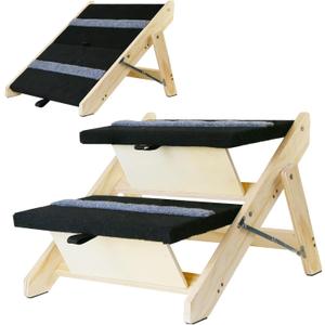 2-in-1 Indoor Pet Ramp, Wooden Folding 2-Tier Pet Stairs with Non-Slip Carpeted Steps, Ramp Perfect for Bed and Couch