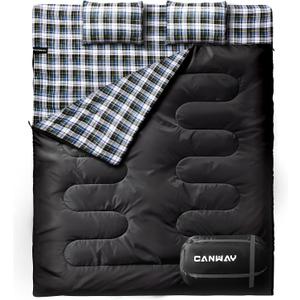 CANWAY Double Sleeping Bag Flannel for Adults Cold Weather Queen Size Two Person Sleeping Bags for Camping with 2 Pillows (Black&Plaid)