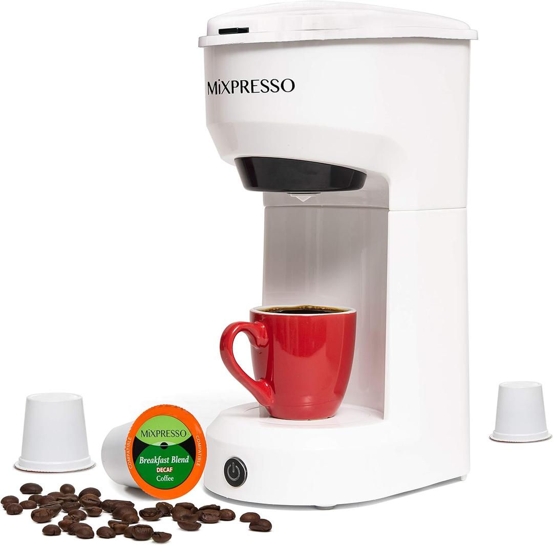 Mixpresso 2 in 1 Brewer Single Serve Coffee Maker for K Capsule and Ground Coffee, Single Cup Coffee Machine, Compact Size Mini Coffee Maker Quick Brew Technology 14oz White One Cup Coffee Maker