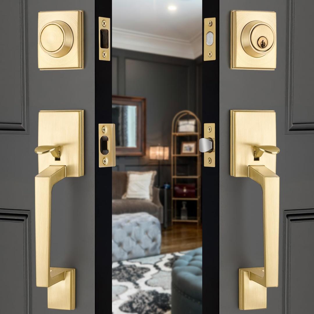 EHOMEWARE Double Front Door Handle Set, 1 Pack Satin Brass Square Door Lever, Exterior Door Knob & Deadbolt Combo, Door Lock Set for Front/Back/Office Doors, Heavy Duty Door Handle