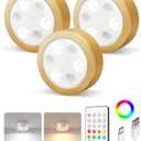 EZVALO Puck Lights with Remote,2000mAh Rechargeable Tap Light,RGB LED Display Lighting, Wireless Closet Light,Under Cabinet Lighs,Sitck On Lights for Kitchen,Closet,Pantry,Shelves(3 Packs) (Pure Gold)