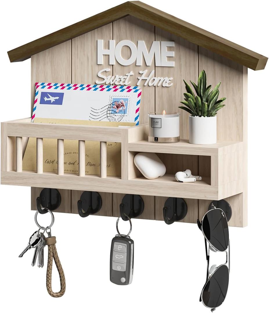 FERAHI Key and Mail Holder for Wall, Wall Key Holder with Shelf, Key Rack Wall Mount, Wood Key Holder Wall Mount, Mail Organizer Wall Mounted, Entryway & Front Door Key Holder with 5 Hooks(White) (Oak)