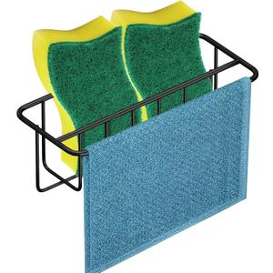 KESOL Adhesive Kitchen Sink Sponge Holder + Dish Cloth Hanger + Soap Holder, 2-in-1 Kitchen Sink Caddy, 304 Stainless Steel Rust Proof, Water Proof, No Drilling (Black)