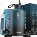 Coolflask 128 oz Gallon Water Bottle Insulated with Straw&3 Lids, Water Jug Large Stainless Steel Metal Vacuum Wide Mouth for Sports, Gym or Office, Non-BPA Keep Cold 48H Hot 24H, Samurai Cyan