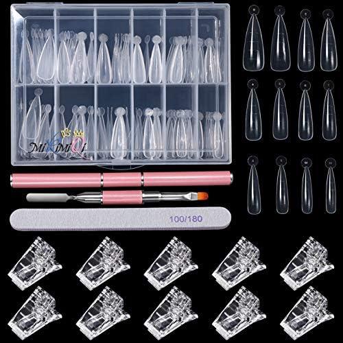 MIKIMIQI Dual Nail Forms Set Poly Gel Quick Building Nail Kit, 120Pcs Stiletto Gel Nail Molds with 10Pcs Acrylic Nail Tips Clips 1Pc Dual-Ended Poly Extension Gel Brush Nail File for Polygel Extension
