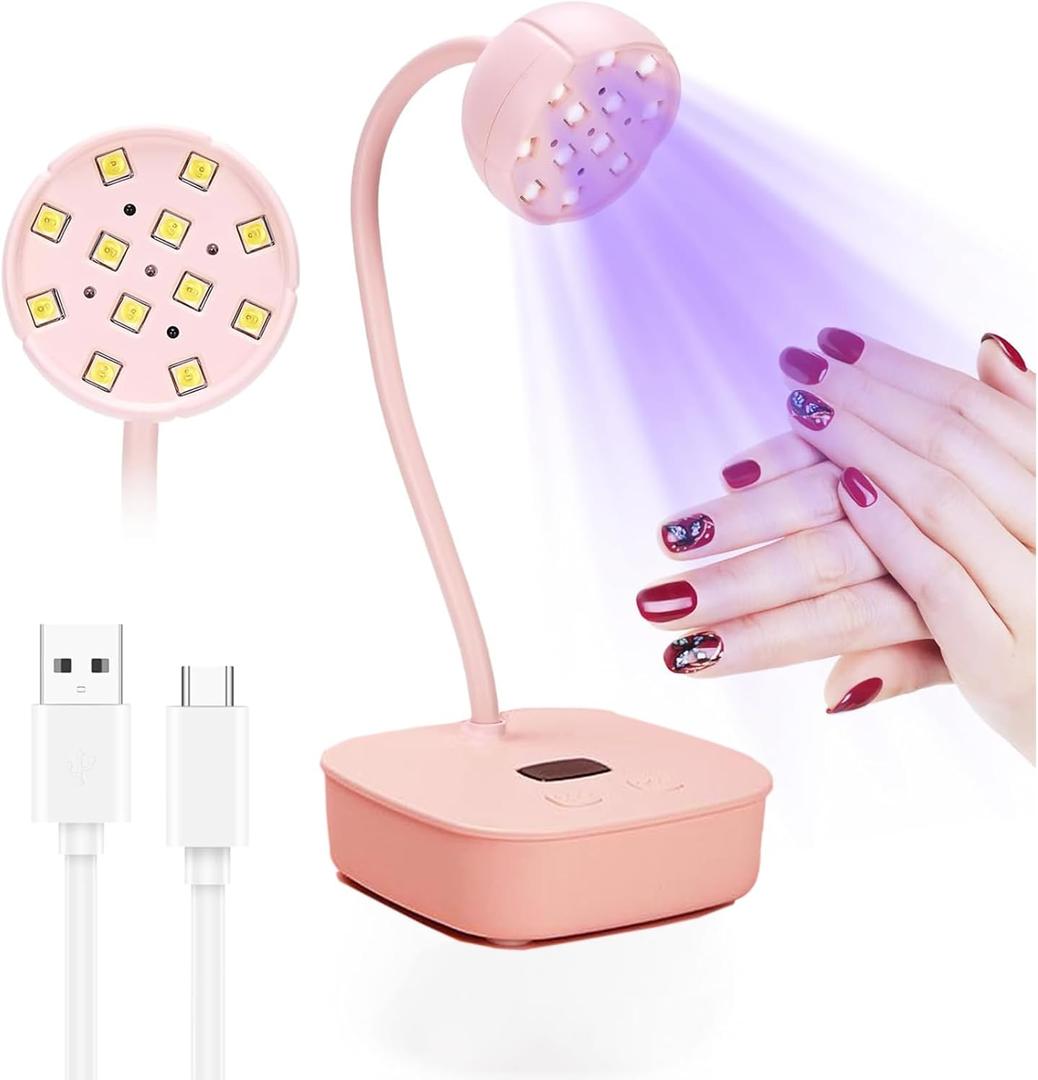 Nail Curing Lamp Gooseneck,12W Rechargeable/Cordless Mini UV Light for Gel Nails Polish with Sensor,LED Nail Light Nail Dryer with 2 Timers for Salon Home DIY Use Pink