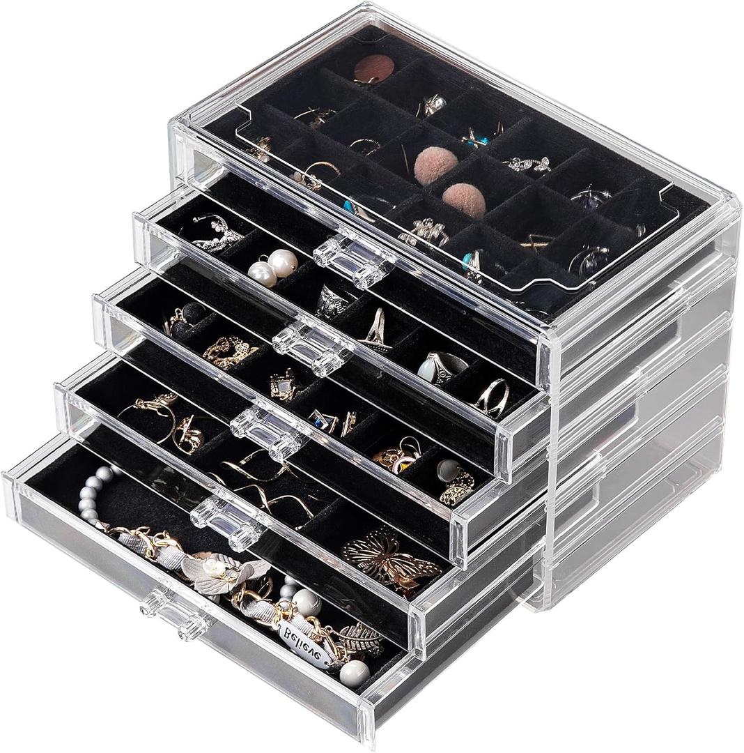 Frebeauty Acrylic Jewelry Organizer Earring Organizer Box with 5 Drawers Earring Holder Organizer with Velvet Trays Clear Jewelry Box for Women Earring Display for Rings Studs(Black)
