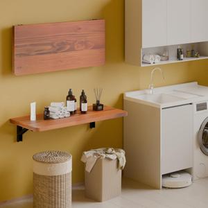 IAE Folding Floating Wood Shelves for Wall with Pine Wood 24" x 9.8",Fold Down Table Wall Mounted,Floating Desk with Foldable-Brackets, Kitchen Shelves,Wooden Shelf for Living Room,Set of 2,Teak