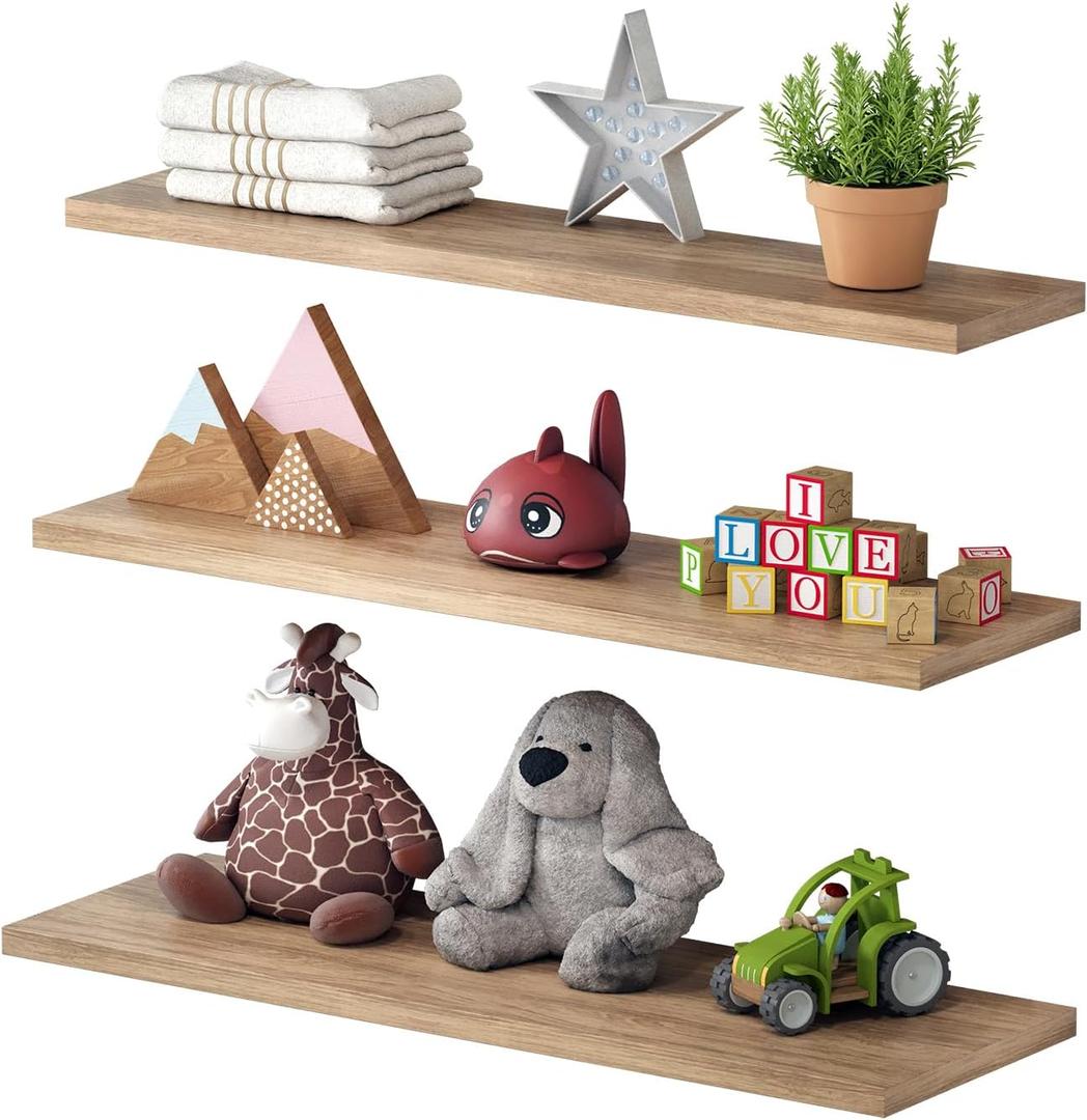 3-Piece Invisible Floating Shelves Set, Wall Mounted Storage, 21.5" Long and 20 lbs Capacity, Sturdy Metal with Protective Coating, Oak