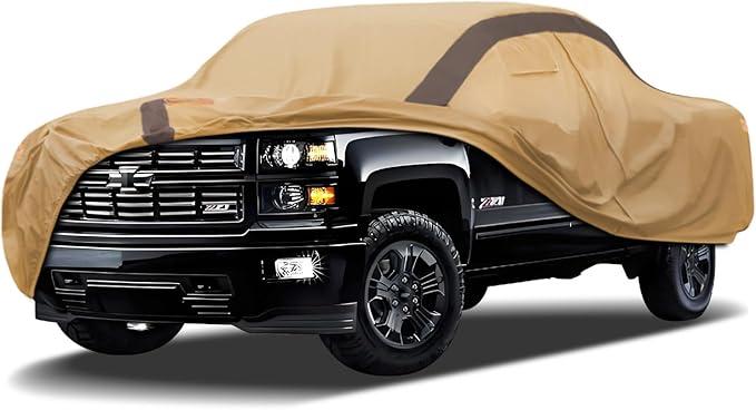 Car Cover Waterproof All Weather Compatible with Silverado, Outdoor Anti-UV Sun Rain Protection Truck Cover, Camel with Brown 15 Ft