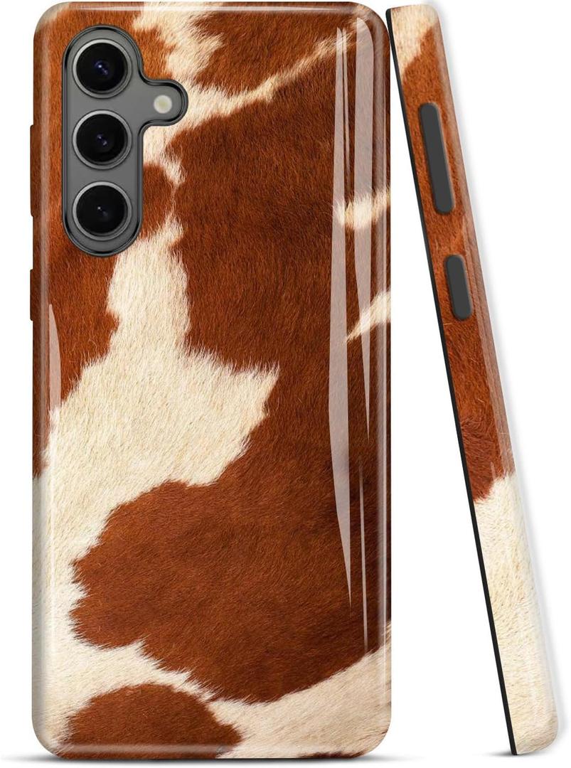 Compatible for Samsung Galaxy A15 5G Case, 2 Layer Hard Shell Silicone Cover 2 in 1 Shockproof Protective Phone Case,Cute Western Cowhide Brown Animal Skin Pattern