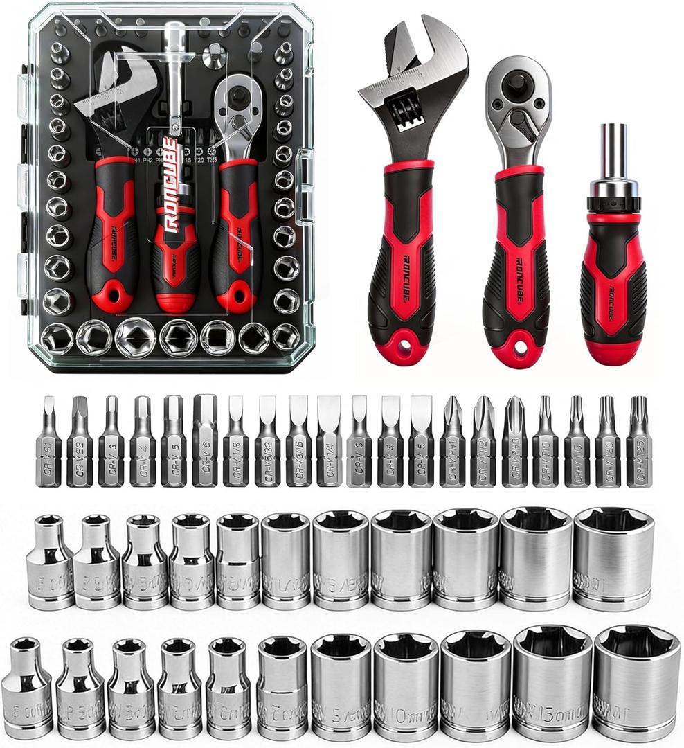 ironcube 53-Piece Socket Ratchet Wrench Set, with 20-In-1 Ratcheting Screwdriver & 2-in-1 Adjustable Wrench for Garage, Auto Repair, Household Backyard & College Dorm