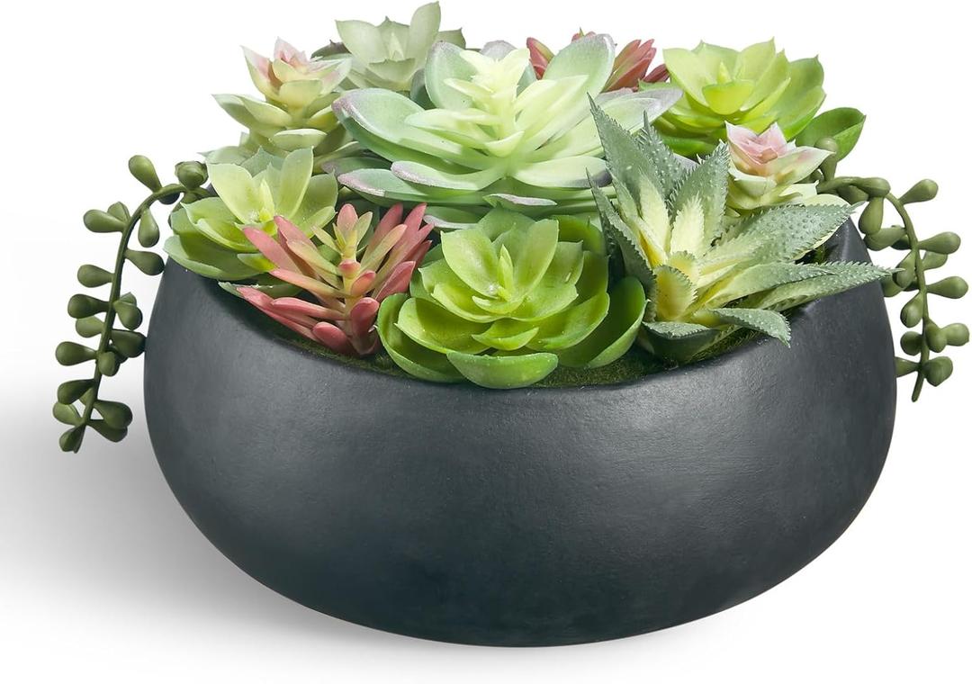 8inch Artificial Succulent Plants in Pots,Large Fake Succulents with Black Ceramic Pot for Home Office Desk Bathroom Coffee Table Decor