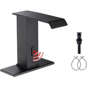 YBlucklly Automatic Sensor Touchless Waterfall Bathroom Sink Faucet with Control Box and Temperature Mixer DC Powered Sensor Hands Free Bathroom Tap Matte Black Vanity Faucets with Cover Plate Drain