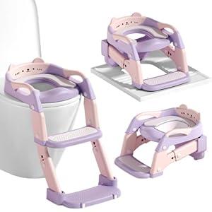 3-in-1 Baby Potty Training Seat with 2 Step Ladder, Splash Guard Anti-Slip Pad, Height Adjustable Toddler Toilet Seat with Soft Cushion for Kids Boys Girls(Purple)