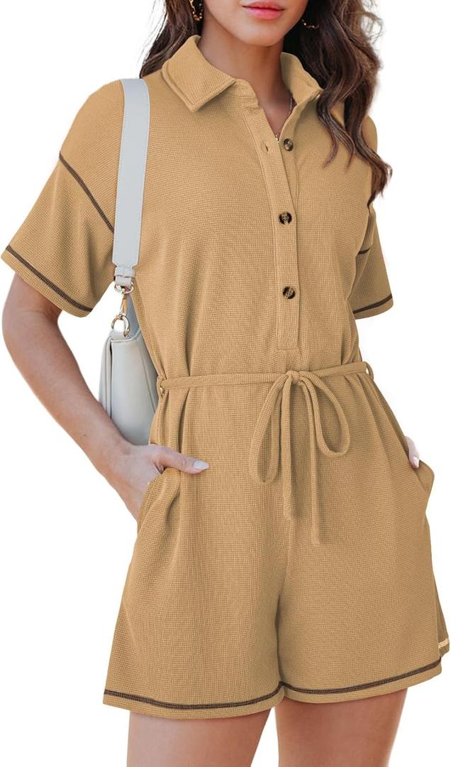 Dokotoo Womens 2025 Summer Casual Button Up Short Sleeve Drawstring Waist Shorts Jumpsuits Striped Rompers with Pockets (Brown, L)